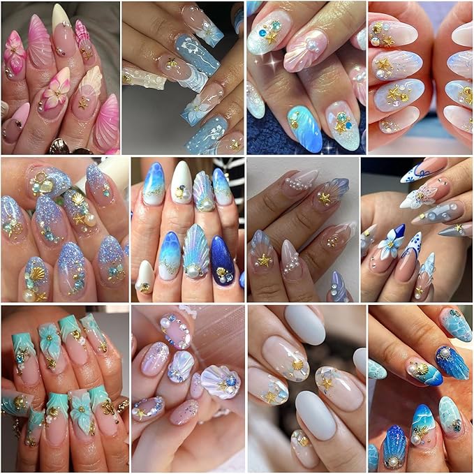 Summer Nail Charms, Ocean Style Starfish Scallop Half-Round Pearl Mixed Mini Nail Jewelry Gold Nail Rhinestones Pearls Ocean Theme Designs Metallic Slice DIY Manicure Nail Parts Y2K for Nails