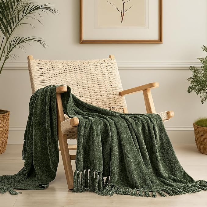 Chenille Knit Throw Blanket for Couch, 50"x60", Olive Green | Cozy Plush Fuzzy Knittd Throw with Tassels, Lightweight, Decorative, Farmhouse Decor, Ideal for Bed Sofa Gift, All Seasons
