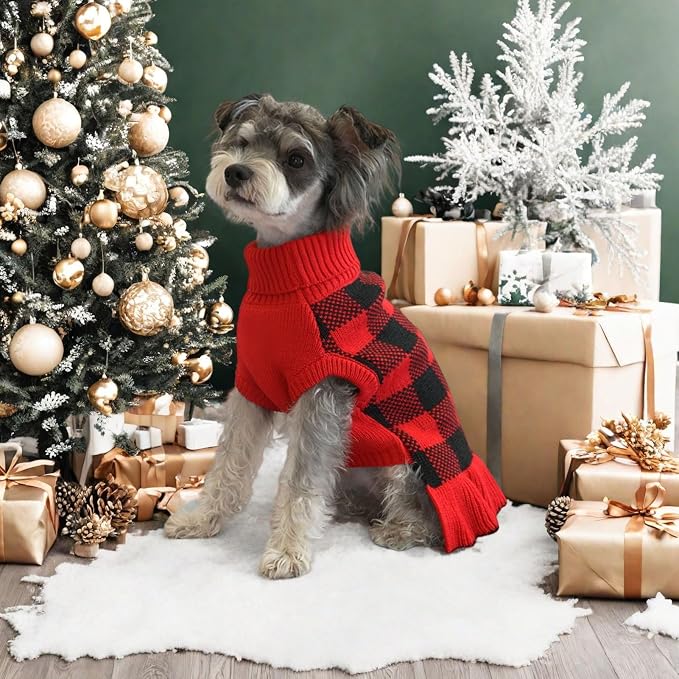 Dog Sweater Dress Plaid Knitwear for Small Medium Dogs Warm Puppy Pet Turtleneck Stretch Pullover Cute Fall Winter Vest Clothes with Leash Hole for Christmas (Red, L)
