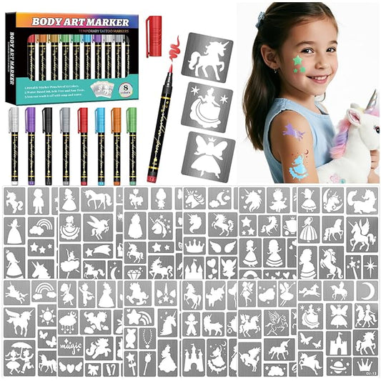 Unicorn Temporary Tattoo Markers for Kids, 8 Metallic Markers and 136+ Temporary Tattoo Stencil Designs for Christmas Favor, Cosmetic Tattoos Pens for Boys and Girls