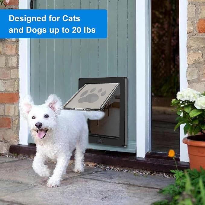 CEESC Small Dog & Cat Door, Snap-in Panel, Up to 20 lbs, Durable, Black | Flap 7.25"x10", cut-out 7.88"x11.19". Fits doors 1.25-2.06in. Weatherproof ABS, magnetic seal