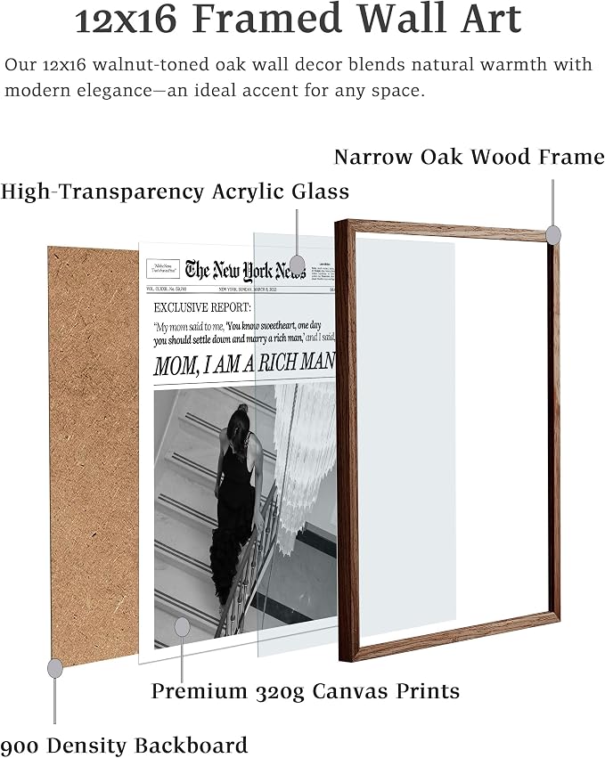 EcoHest 12x16 in Mom I Am a Rich Man Newspaper Framed Wall Art | Walnut Color Solid Oak Frame, Canvas Wall Art, Girly Fashion Magazine Decor for Bedroom, Apartment, Dorm, College Room, 1Pack