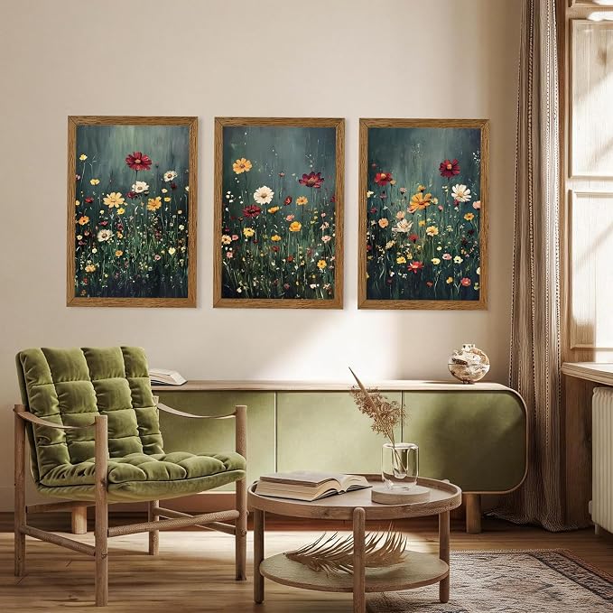 Urmoya 3 Pieces Moody Wildflower Dark Academia Floral Wall Art, 20x30 in | Vintage nature floral landscape wall decor, Wood framed, Ready to hang, Canvas art prints, over sofa, Bedroom, Office