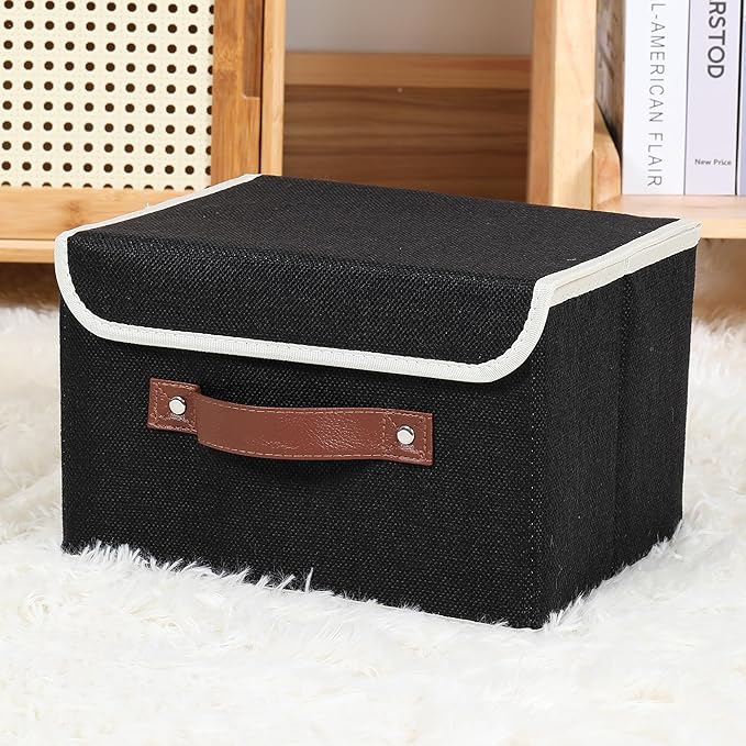 ANMINY Fabric Storage Box Bins with Lids, Black, 15"x10"x10", 2 Pack | Keepsake Memory Storage, Cotton Linen, PP Board Reinforced, Washable, PU Handles, Foldable & Stackable, Decorative, Large