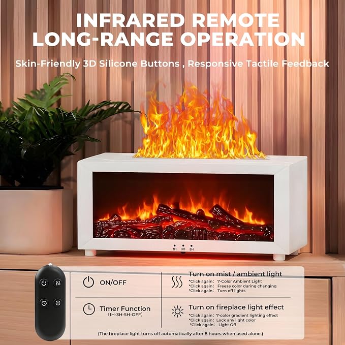 Fireplace Flame Essential Oil Diffuser, 7-Color LED Ultrasonic Aromatherapy Humidifier, 150ml, Cool Mist, with Remote Control and Timer, for Home Bedroom Office Yoga (White)