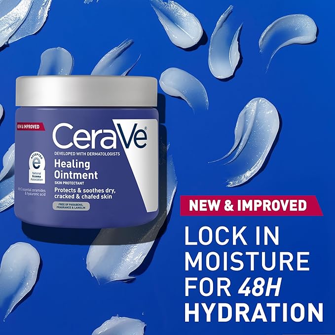 CeraVe Healing Ointment, Hydrating Skin Protectant With Petrolatum, Hyaluronic Acid & Ceramides, Face & Body Skin Barrier Repair For Cracked, Chafed, Dry Skin, Fragrance Free & Lanolin Free, 12 Oz