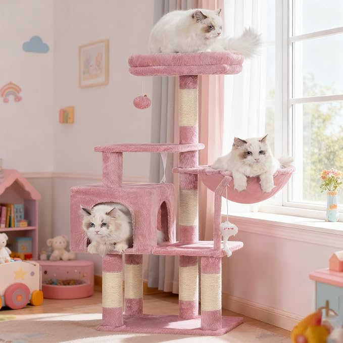 Heybly Cat Tree with Toy, 43.3 inch Cat Tower condo for Indoor Cats, Cat House with Padded Plush Perch, Cozy Hammock and Sisal Scratching Posts, Skin Pink HCT004SP