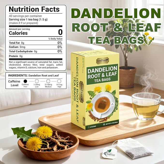 LeafLea Dandelion Root & Leaf Tea Bags, Caffeine-Free, No Sugar, 240 Count | 100% natural herbal tea blend. Sugar-free, Bulk pack. Individually wrapped for freshness. Te de Diente de Leon.