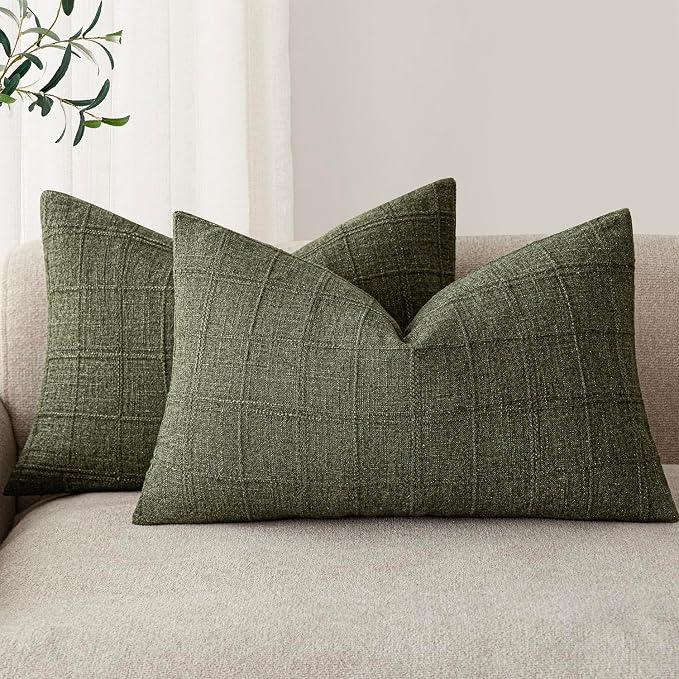 Foindtower Set of 2 Decorative Linen Check Throw Pillow Covers Neutral Farmhouse Lumbar Cushion Covers Modern Boho Home Decor for Sofa Chair Couch Bedroom Living Room,12×24 Inch,Olive Green