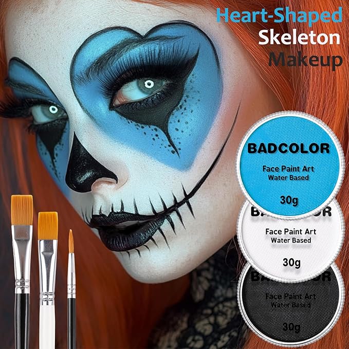 White Black & Light Blue Sally Makeup Face Body Paint, Corpse Bride Face Painting Kit with Painting Brushes for Halloween, Water Based Face Paints for Smurf Avatar Mermaid & Demon SFX Costume Make-Up