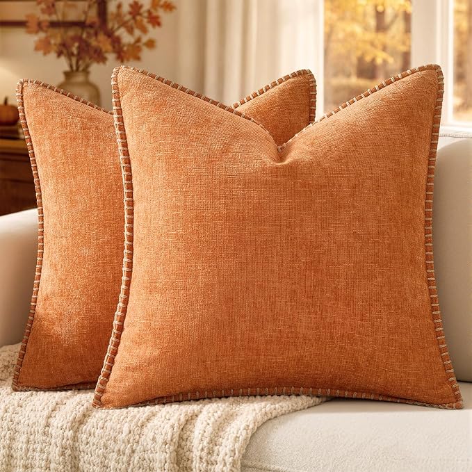 MIULEE Fall Decorative Couch Throw Pillow Covers 18x18 Inch Orange 2 Pack | Farmhouse Pillow Covers with Stitched Edge, Soft Chenille Cushion Cases, for Sofa Bed Living Room Home Decor