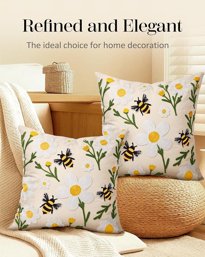 Embroidered Throw Pillow Covers 18x18 Inch, 2Pack, Flower Bee | Decorative Pillow Covers Set of 2, Farmhouse Cushion Cases with Hidden Zipper, Floral Decor for Couch, Sofa, Living Room