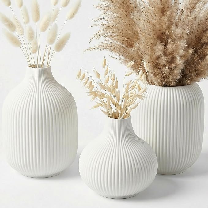 White Small Ceramic Vases Set of 3, Matte Vertical Ribbed, Minimalist for Pampas Dried & Fresh Flowers, Centerpiece for Living Room, Shelf, Entryway,Wedding,Office