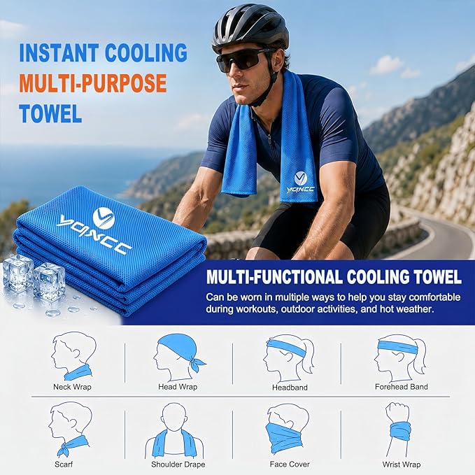 YQXCC 2 Pack Cooling Towels (47"x12"), Ice Cool Neck Towel, Soft Breathable Microfiber for Yoga, Golf, Gym, Running, Camping & Hot Weather