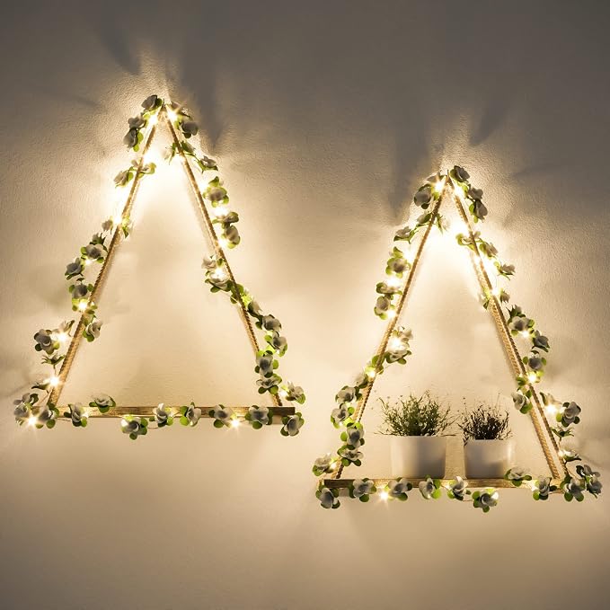 RICHER HOUSE Hanging Floating Shelves No Drill, Macrame Plant Wall Shelf | 2 Set Boho Trinket Shelf with Artificial Ivy, LED Lights, Cute Wall Art Aesthetic Decor, for Bedroom, Dorm, Two-Way Install