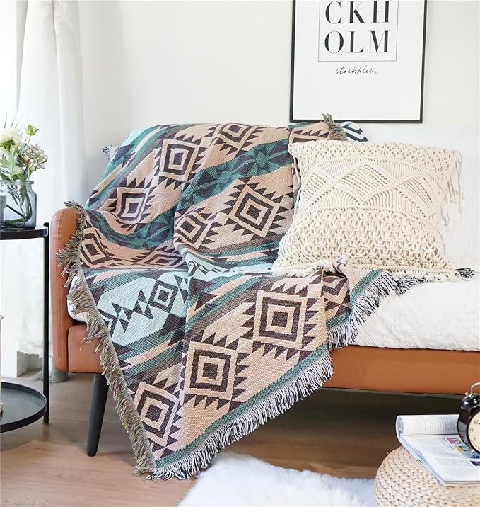 Lqprom Aztec Southwestern Throw Blanket,Native American Cover 51"x63" | Southwest Boho Style,Sofa Chair Cover,Outdoor Beach Car Tent Travel Camping Use,Reversible and lightweight,Tapestry,Tassels