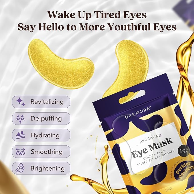 DERMORA Golden Glow Under Eye Patches | Rejuvenating Treatment | Dark Circles, Puffy Eyes, Refreshing, Revitalizing, Travel, Wrinkles | 20 Pairs Eye Gels