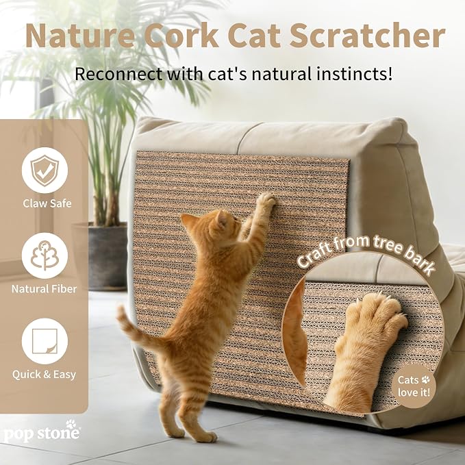 Natural Cork Cat Scratcher Mat, Self-Stick & Trimmable Furniture Protector for Couch, Door, Wall & Bed Corner, Claw-Friendly for Indoor Cats (Oak Wood, 39.4 x 11.8 Inch)