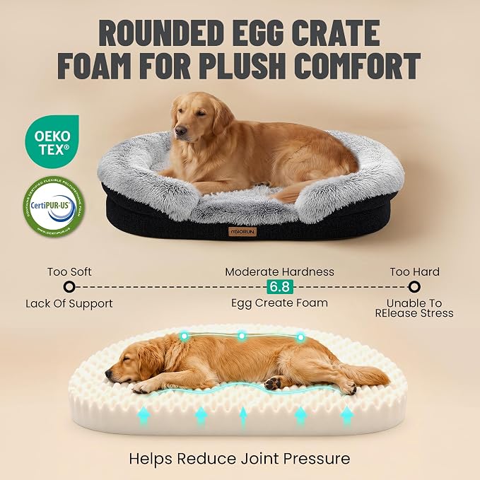 Fluffy Orthopedic Dog Beds Large Sized Dog, 43" Bolster Sofa Bed | Soft plush faux fur,lowered entry,washable cover,waterproof liner,claming dog couch for x-large dogs,supportive bolster