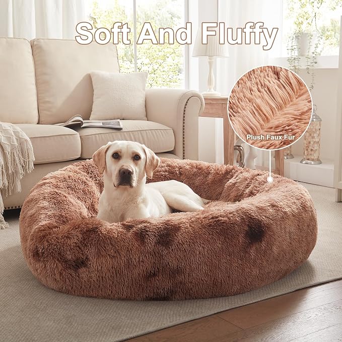 45 in Faux Fur Donut Dog Bed for Extra Large Dogs,Tie-dye Brown | Calming Plush Round Jumbo Fluffy Pet Bed with Removable & Washable Cover,Fits up to 120 lbs Pets