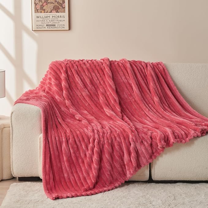 NEWCOSPLAY Fleece Ribbed Cozy Throw Blanket for Couch, Coral Pink, 50"x60" | Premium Silky Flannel Blanket, Soft Lightweight Fluffy Throw Blanket for Bed Sofa Decor, Gift for All Season Use
