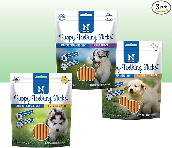 N-Bone Puppy Teething Sticks Variety Pack, Chicken, Pumpkin & Peanut Butter Flavors, Natural Puppy Teething Chews & Treats, 3 Bags (11.22 oz)