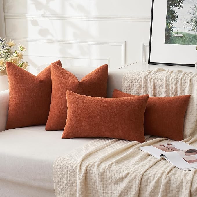 MIULEE Fall Rust Chenille Couch Lumbar Throw Pillow Covers, 12x20 | Set of 2, Soft Farmhouse Modern Home Decor, Decorative Pillowcases for Sofa Living Room Bed