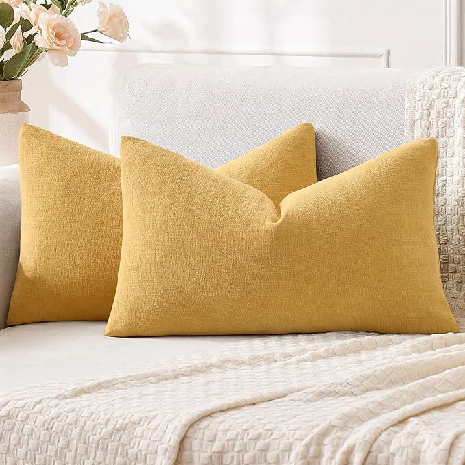 MIULEE Gold Chenille Couch Lumbar Throw Pillow Covers, 12x20 | Set of 2, Soft Farmhouse Modern Home Decor, Decorative Pillowcases for Sofa Living Room Bed