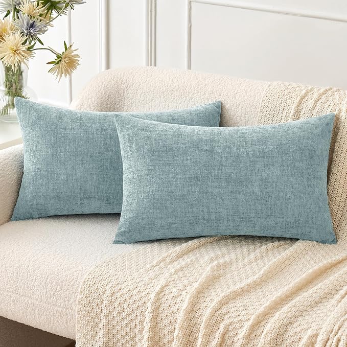 MIULEE Soft Chenille Lumbar Throw Pillow Covers Light Blue 12x20 Pack of 2 | Modern Home Decor, Classic Decorative Pillows, Solid Dyed Cases, Boho Couch Cushion Covers for Sofa Bed Living Room
