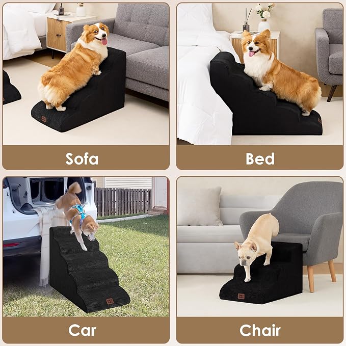 EHEYCIGA Curved Dog Stairs Ramp, 3-Step Dog Steps, 15.7" H Pet Step | 33D density of pure foam, for Small Dogs and Cats, Pet Stairs for High Bed Climbing, Non-Slip Balanced Indoor, Black