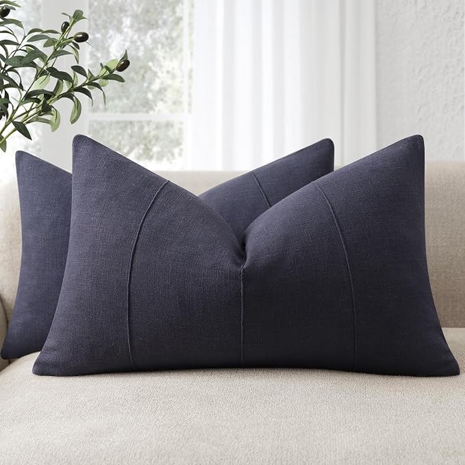 12x20 Pillow Covers Set of 2 Decorative Linen Lumbar Pillow Covers Solid handcrafted Striped Cushion Covers for Bed Soft Modern Farmhouse Neutral Pillowcase for Couch Bedroom Living Room (Dark Navy)