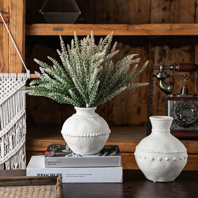Mowtanco Rustic Ceramic Vase with Boho Wooden Beads, Matte Decorative Pottery for Modern Farmhouse and Bohemian Decor, Floral Arrangements, Bedroom, Shelf, or Side Table Accents