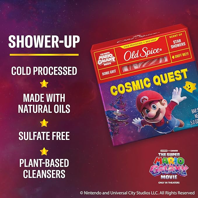 Old Spice Bar Soap for Men, x The Super Mario Galaxy Movie, Cold Pressed with Grit, Made with Natural Oils & Plant Based Cleanser, Star Showers with Juicy Pear & Cedarwood Scent, 5.0 oz