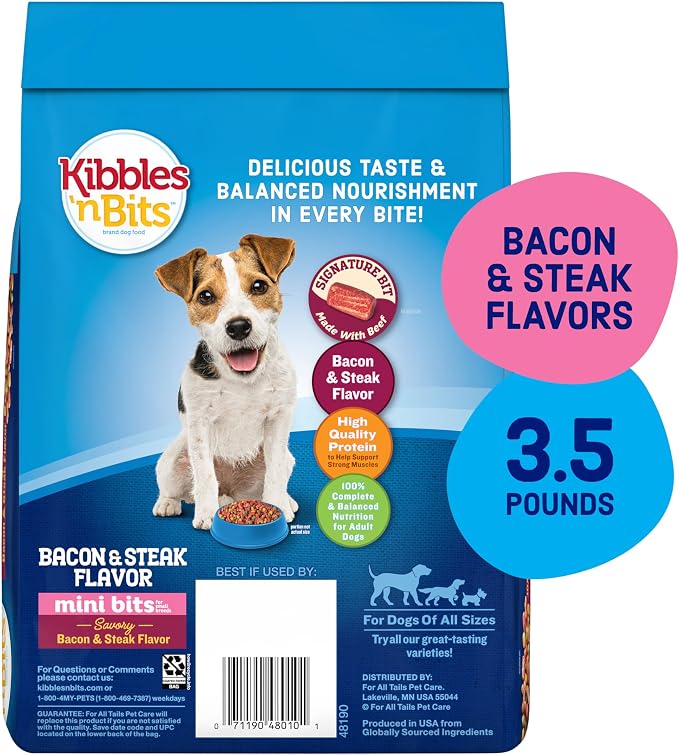 Kibbles 'n Bits Mini Bits Small Breed Dry Dog Food, 3.5 lb. Bag | Complete & Balanced Nutrition Formulated For Small Adult Dogs With Easy-To-Chew Bites Of Savory Bacon & Steak Flavors