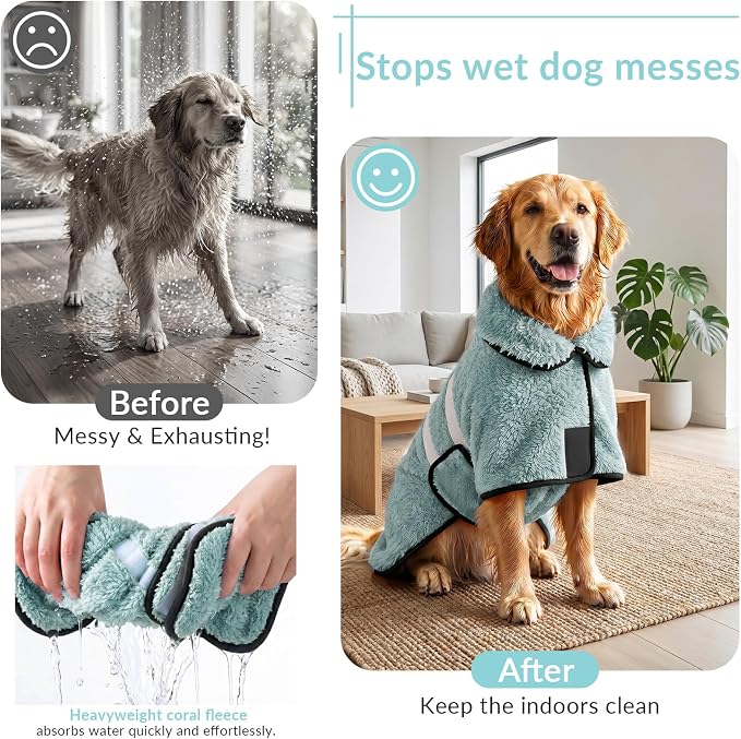 Dog Bathrobe, Super Absorbent for Small to Large Dogs, Light Green M | Dog Robes with Soft Fleece, Warm & Cozy, Adjustable Fit, and Quick Drying Coat for Baths Swimming and Grooming