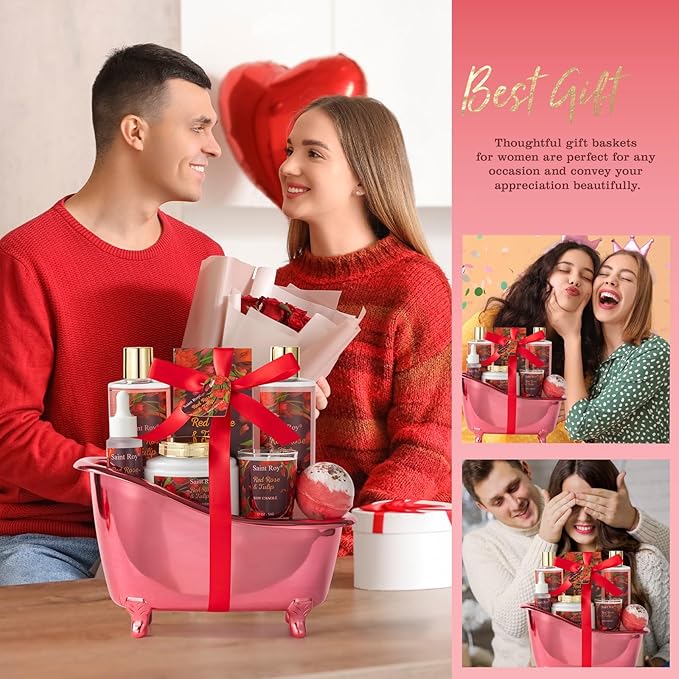 Mother's Day Gifts for Women, spa kit Gifts for Her Mother's Day Bath Spa Gift Set Red Rose & Tulip Spa Basket Kits for Women, Contains Body Oil, Body Lotion, Salt, Self care baskets Mother Gift