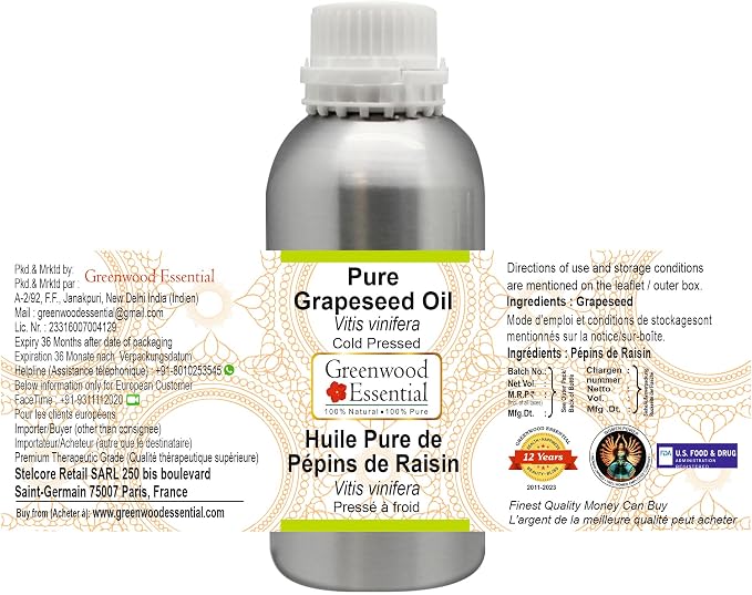 Greenwood Essential Pure Grapeseed Oil (Vitis vinifera) Cold Pressed 630ml (21 oz)
