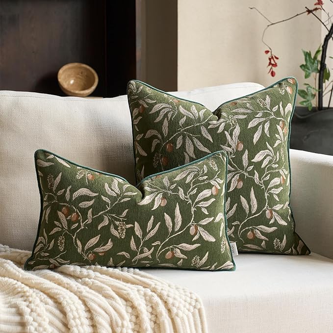 Alerfa Green Floral Throw Pillow Cover 20 x 20 Inch Sqaure Luxury Decorative Pillow Cover for Couch Living Room Bedroom