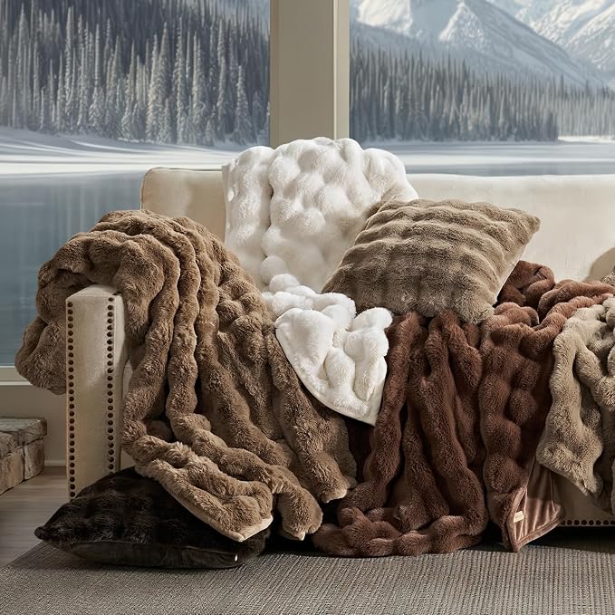 Faux Rabbit Fur Bubble Throw Blanket, 60"x80", Chestnut | Ultra Soft, Luxury Faux Rabbit Fur Throw, Thick Warm Bubble Blanket, Cozy Fluffy Reversible, for Bed, Couch, Chair, Sofa