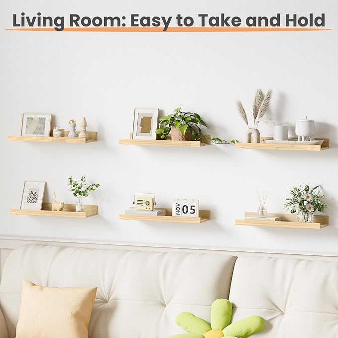 upsimples Floating Shelves for Wall Decor Storage, Natural, 6Pcs, 15.7'' | Wall Mounted Wood Shelves for Living Room, Bedroom, Bathroom, Kitchen, Office, Laundry Room Display and Organize