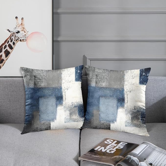 Throw Pillow Covers Set of 2, 18 x 18 Inch, Navy Grey White | Abstract Modern Art Outdoor Decorative Square Pillow Cases Couch Cushion Case for Couch Bed Sofa Living Room Home Decor