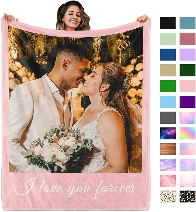 Custom Blanket with Picture Text, Personalized 1 Photo Blanket, HD Printing Customized Flannel Throw Blanket Gifts for Mom Dad Couple Girlfriend Boyfriend Wife Husband Christmas Wedding Gift