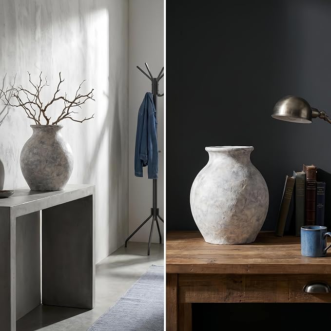 Lvases 10in XL White Ceramic Vase, Aged Stone Cement Mediterranean Vase | Rustic elegant finish with authentic limestone texture fits Tuscan farmhouse style as table decor living room home decoration
