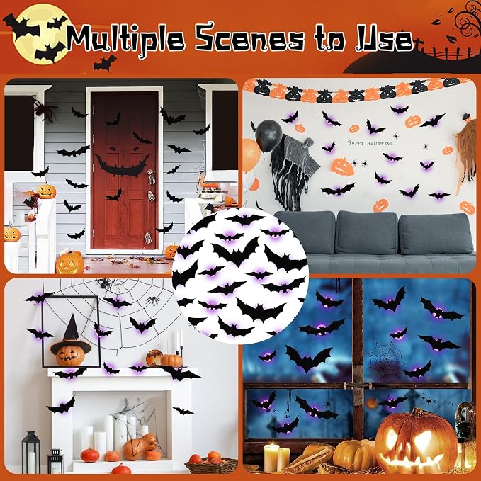 DR.DUDU 36 Pack Halloween Bats Wall Decor Halloween Decorations Indoor | Light Up Flashing Modes, Assorted Size, 3D Bat Stickers, for Bedroom Party Walls Bathroom Mirrors Garages Door