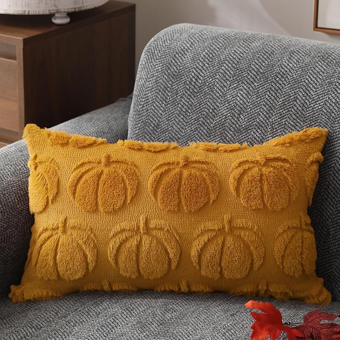 DFXSZ Fall Pillow Covers 12x20 2Pcs Yellow Pumpkin Fall Decoration for Home | Fall decor Set of 2 Throw Pillow Cases Soft Plush Faux Fur Wool Couch Cushion for Chair Sofa Bedroom Living Room Home Decor