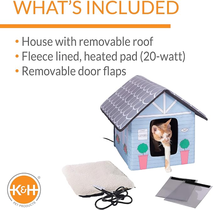 K&H Heated Cat House, Outdoor Kitty Shelter, Safety Listed, 20W, Cottage | Heated Cat House for Outside, Weatherproof Shelter for Ferals, Insulated with Smart Thermostat, 2 Doors, Waterproof Bed