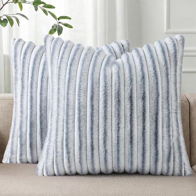 Pallene Faux Fur Decorative Throw Pillow Covers 22x22 Set of 2, Ombre Grey | Luxury Plush Texture, Striped Design, Cozy Soft Touch, Modern Home Accent Decor for Couch, Sofa, Bed, Living Room