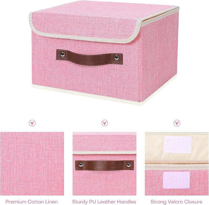ANMINY Fabric Storage Box Bins with Lids, Pink, 10"x8"x7", 2 Pack | Keepsake Memory Storage, Cotton Linen, PP Board Reinforced, Washable, PU Handles, Foldable & Stackable, Decorative, Small