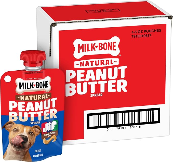 Milk-Bone Natural Peanut Butter Spread with Jif, 4 Pouches | Lickable dog treats in a squeezable pouch