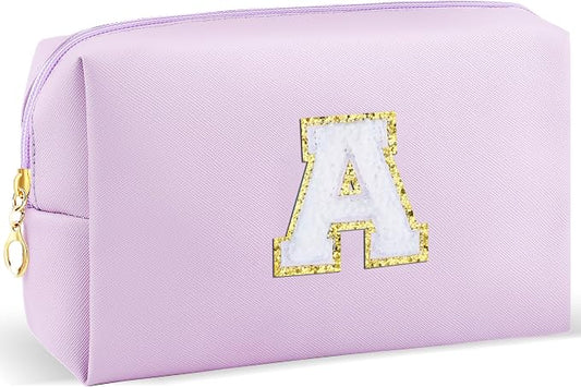 URSKYTOUS Gifts for Girls Initial Makeup Bag Personalized Cosmetic Bag with Zipper Cute Travel Toiletry Bag Waterproof PU Preppy Makeup Pouch Birthday Gift for Teen Girls Women(Purple A)